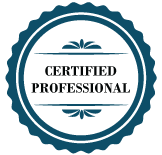 A blue and white certified professional seal on a white background.
