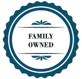 A blue and white circle with the words `` family owned '' written inside of it.