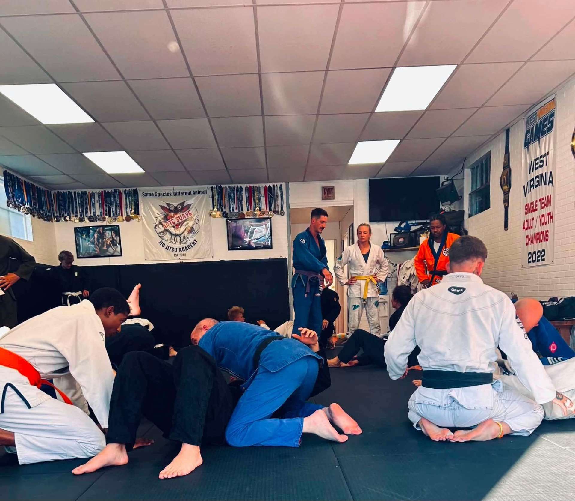 Martial arts class practicing on mats while instructors stand at the front, in Arte Suave in Beckley, WV