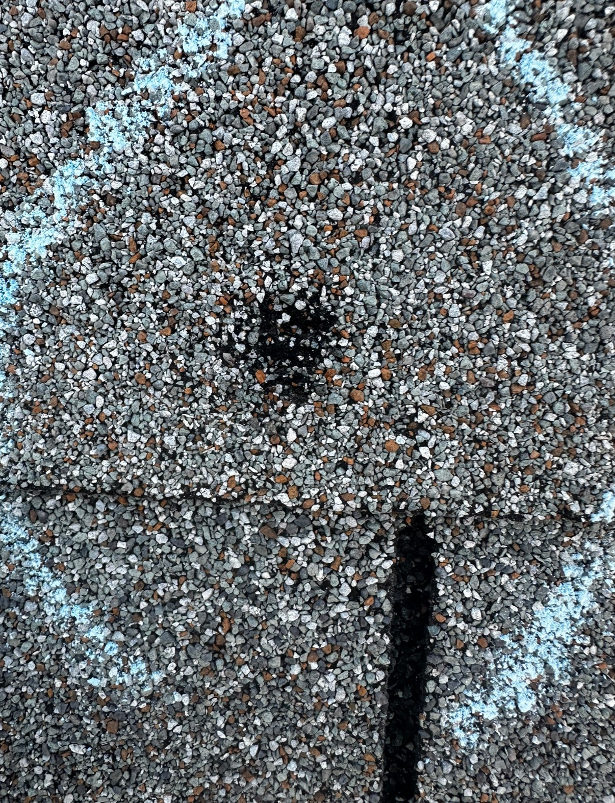 A close-up of a shingled roof with granule loss, marked by a black spot and a circular chalk outline.