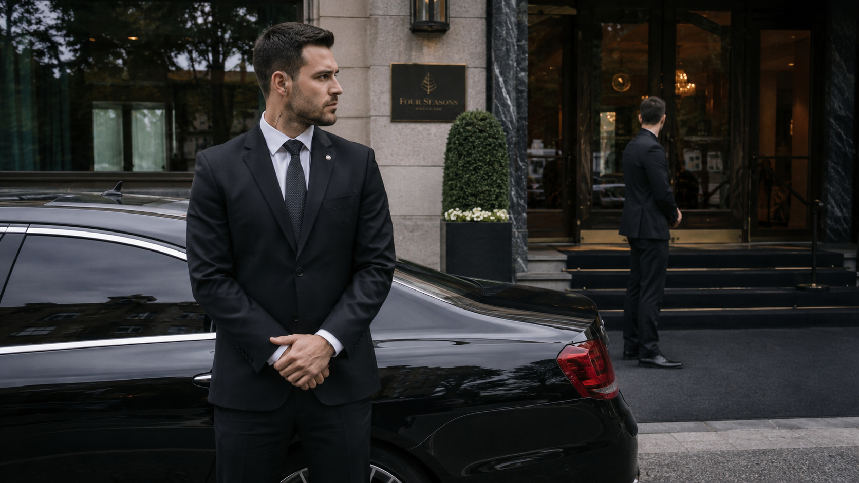 Un homme en costume sombre se tient à côté d'une voiture noire devant l'entrée d'un immeuble.