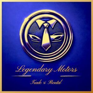 Logo bleu et or avec l'inscription « Legendary Motors », une calandre stylisée et le texte « Trade & Rental ».