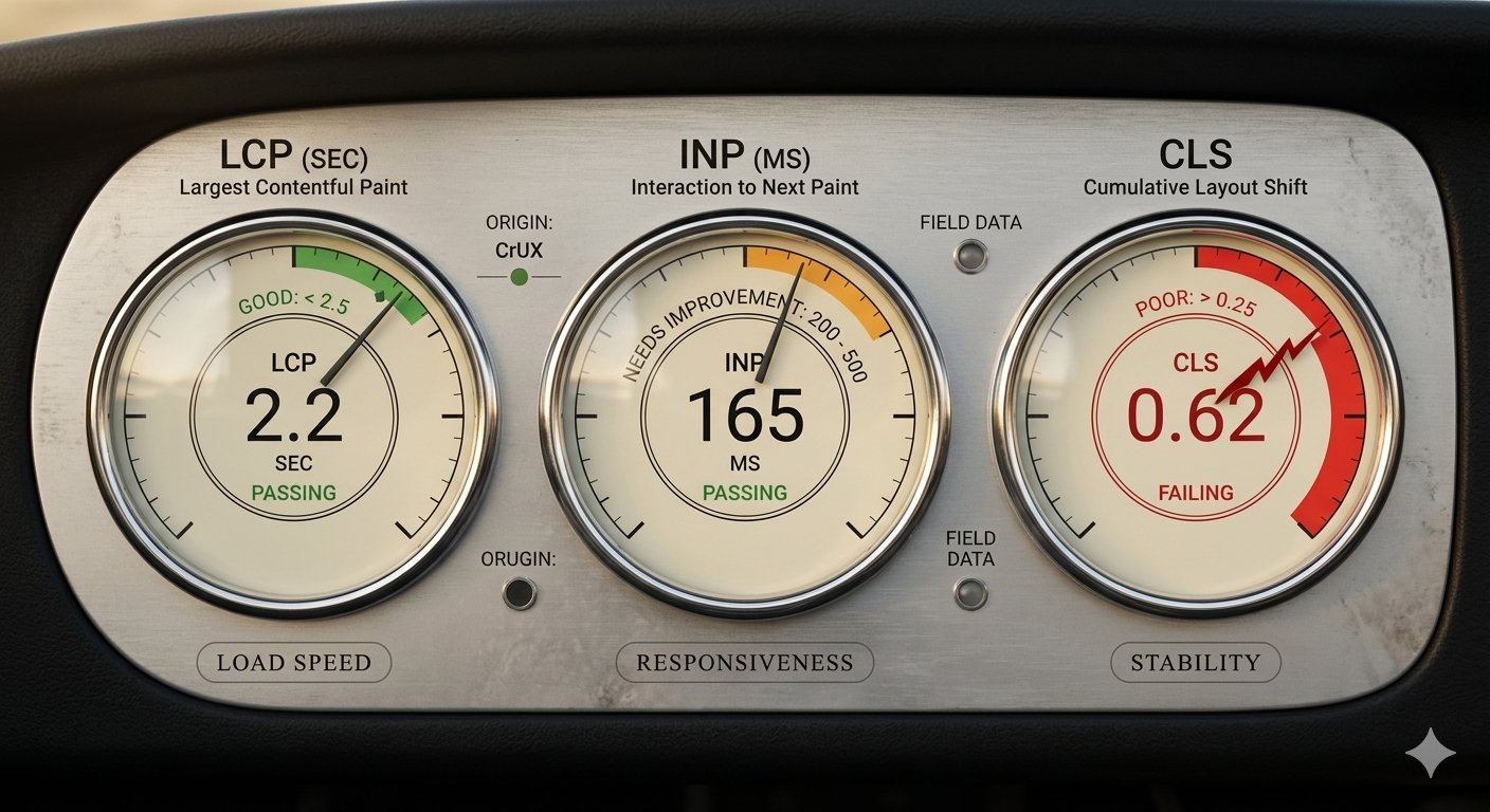 A dashboard displaying three circular gauges labeled LCP, INP, and CLS, showing numerical values of 2.2, 165, and 0.62.