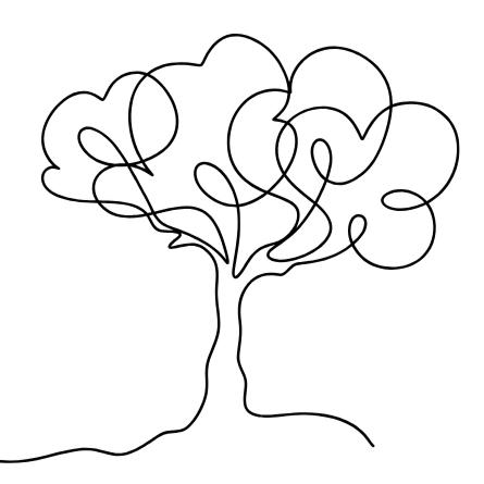 Line drawing of a tree with looping branches and roots.