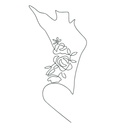 Line drawing of a side profile with roses and leaves along the torso.