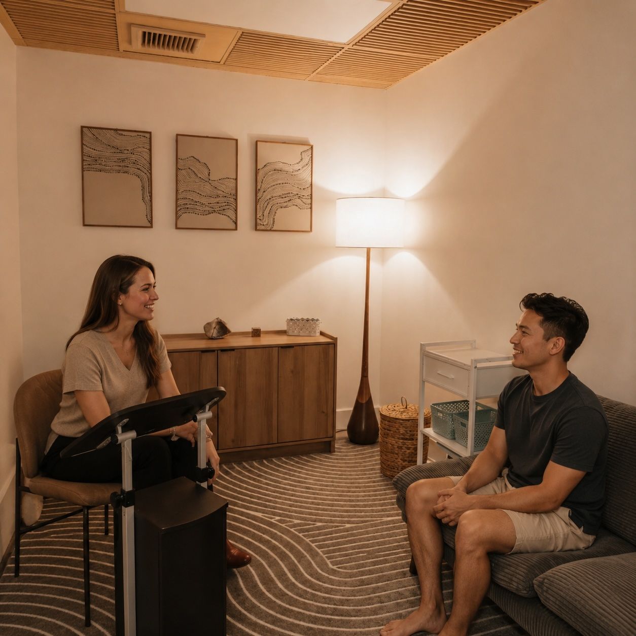 Doctor and patient in a calming room. The doctor listens to the patient, who is sitting on a sofa. The room has wood accents.