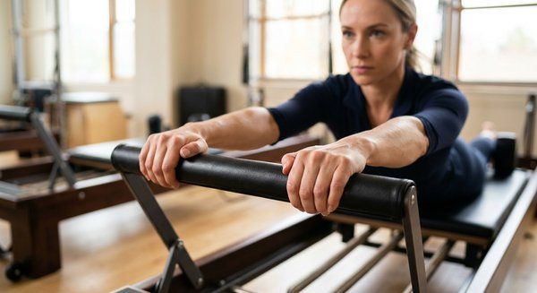 Woman doing a yoga lunge with arms extended in a bright studio with a reformer machine
