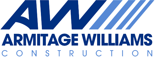 The logo for armitage williams construction is blue and white