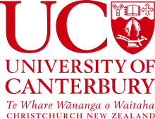 The logo for the university of canterbury is red and white
