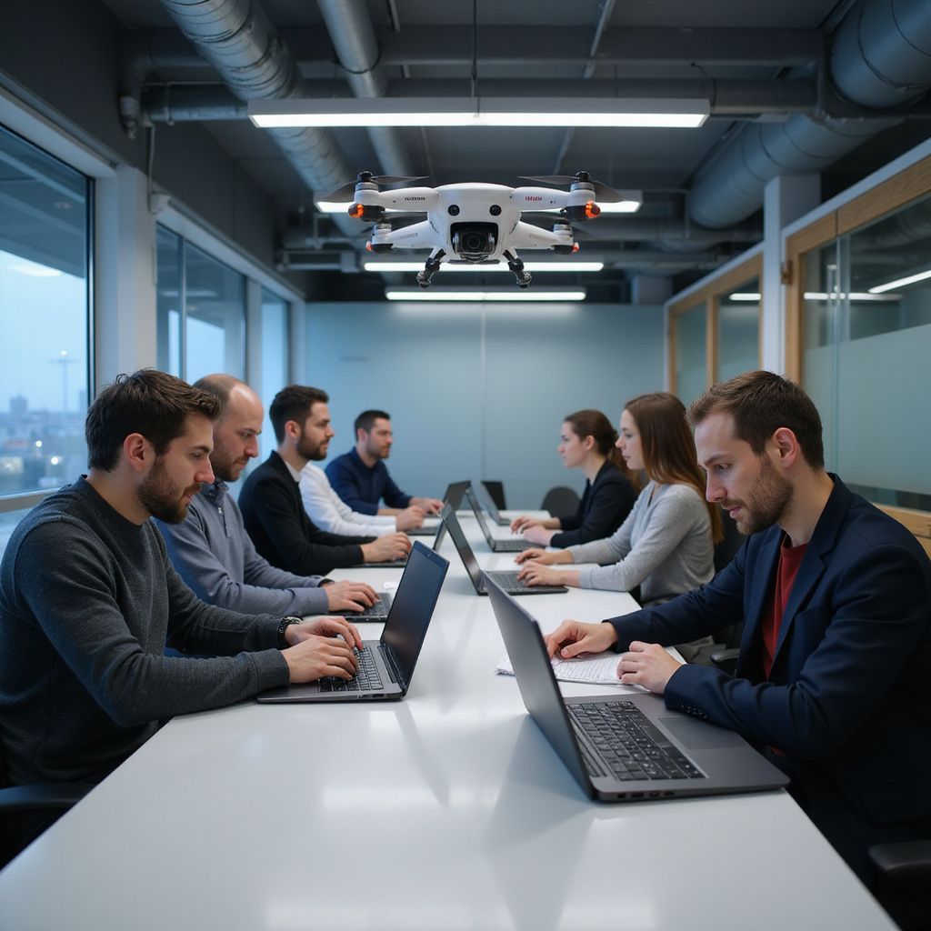 Office meeting: People at laptops with a drone hovering above them.