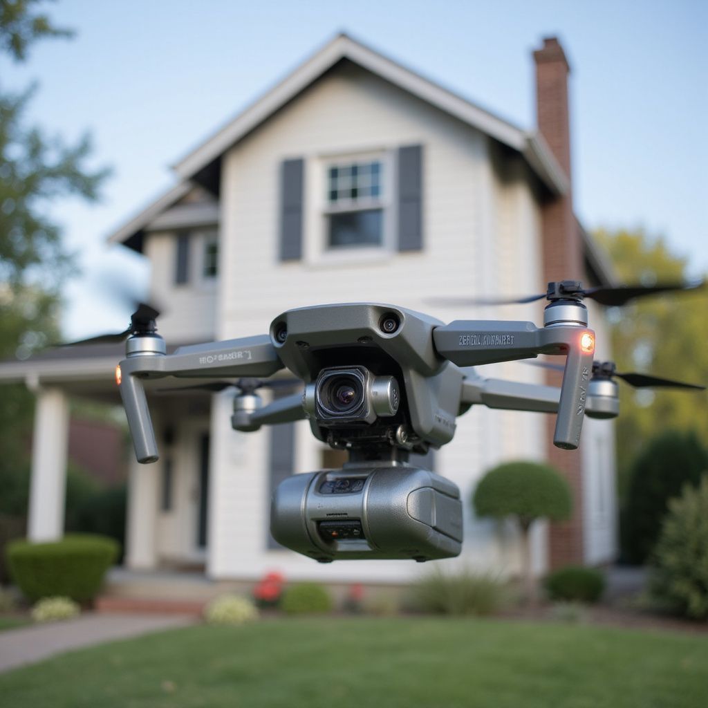 Gray drone hovering in front of a white house with a green lawn.