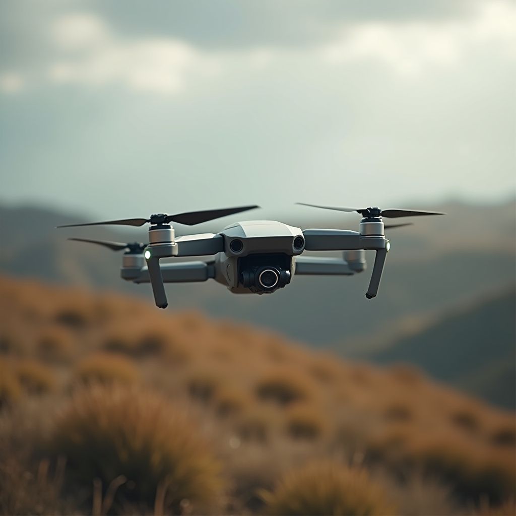 Drone hovering in front of a hillside with dry grass, overcast sky.