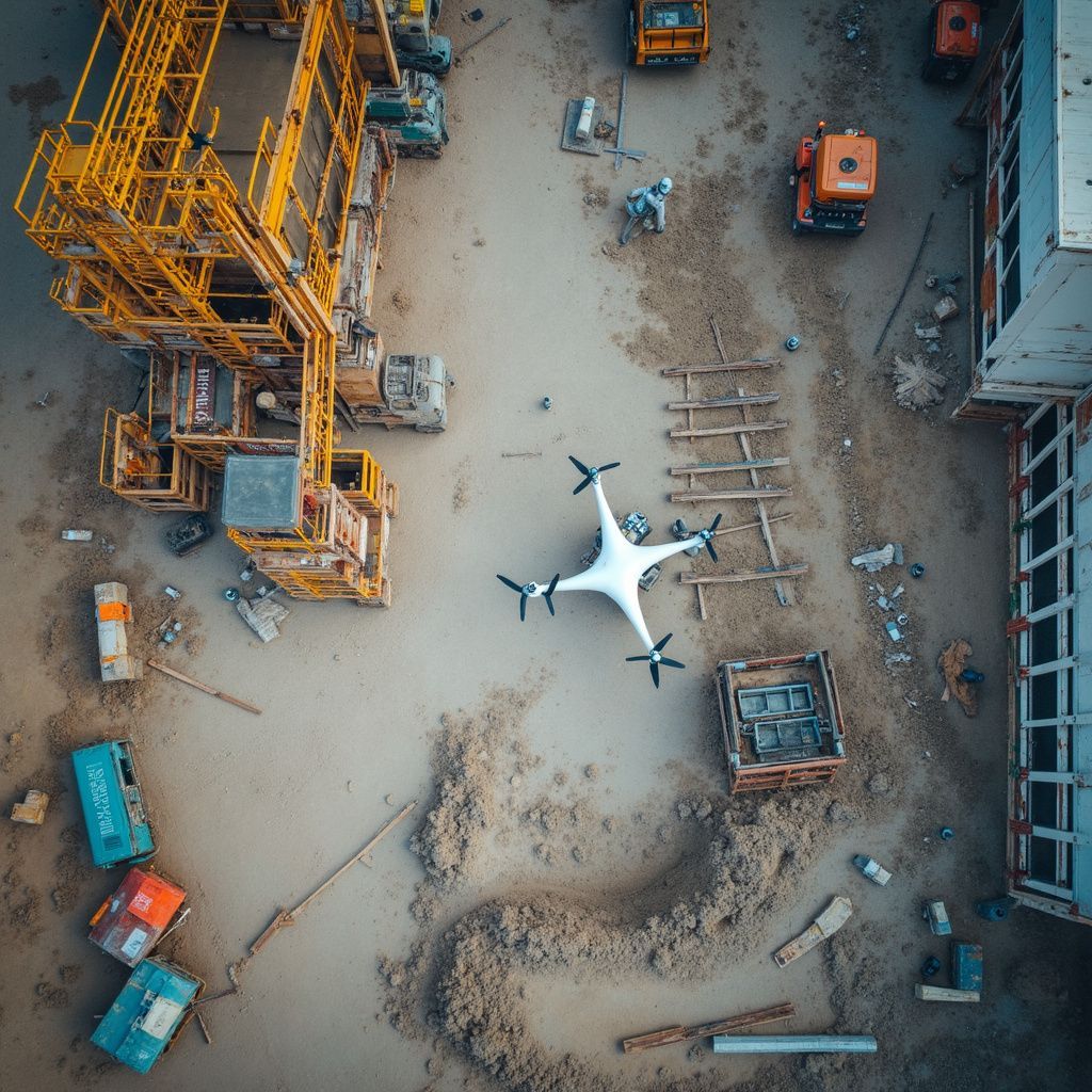 Drone over a construction site; heavy machinery, workers, and building materials visible.