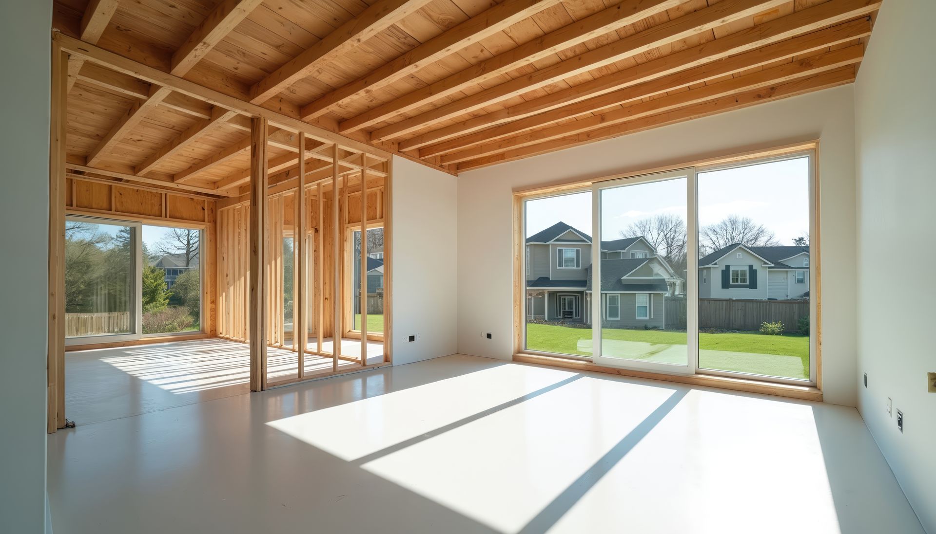 Une pièce intérieure en construction avec des poutres apparentes au plafond, des murs blancs, de grandes fenêtres et un sol en béton.
