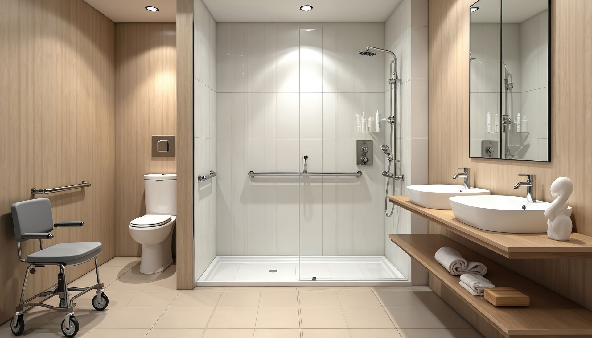 Salle de bain accessible avec douche à l'italienne, barres d'appui de sécurité, siège de douche à roulettes et meuble-lavabo à double vasque.