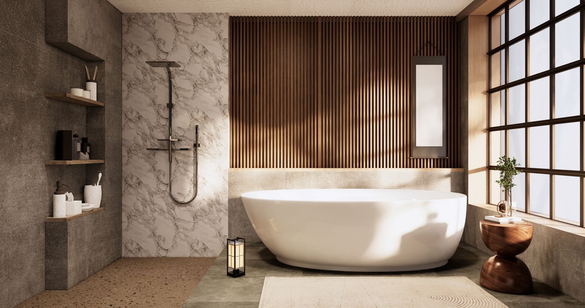 Salle de bains moderne avec baignoire îlot blanche, paroi de douche en marbre, mur d'accent en lattes de bois et grande fenêtre à croisillons.