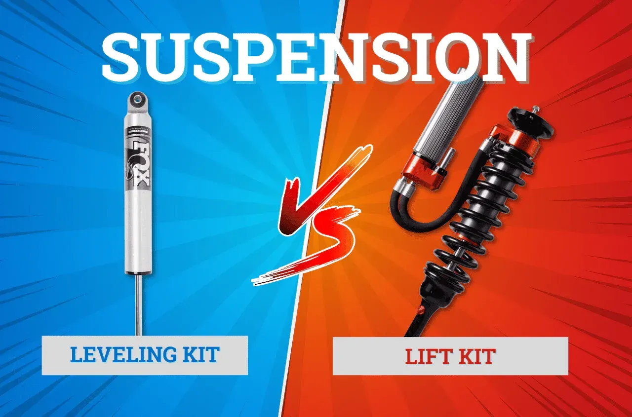 Suspension comparison graphic showing a blue leveling kit vs a red lift kit with a VS symbol.