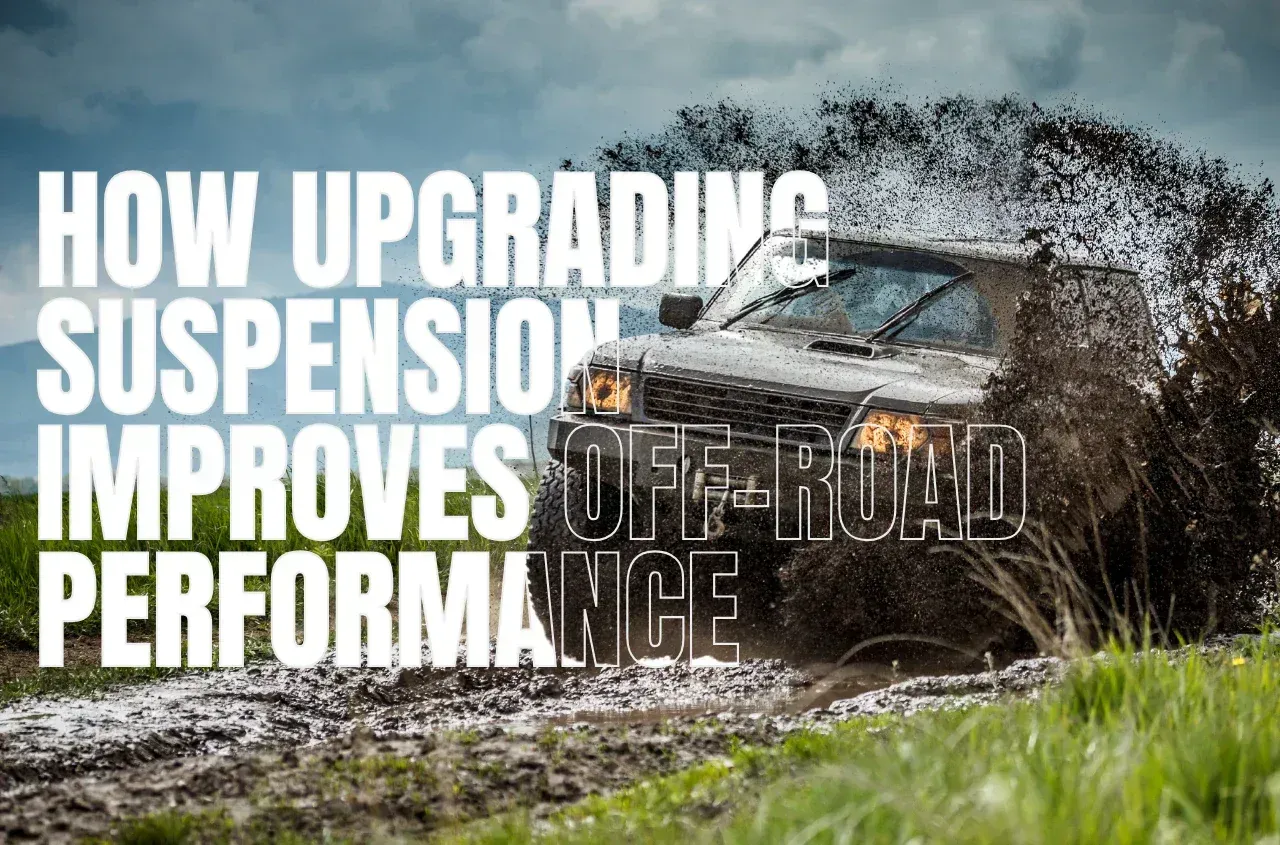 Mud-splattered off-road truck driving through a field with text about upgrading suspension improving off-road performance