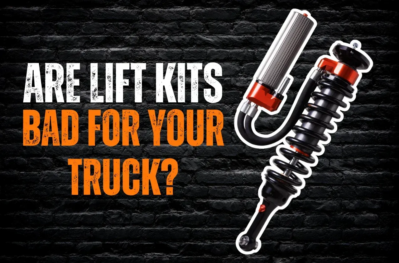 Lift kit question graphic: “Are lift kits bad for your truck?” with truck suspension icon on black background