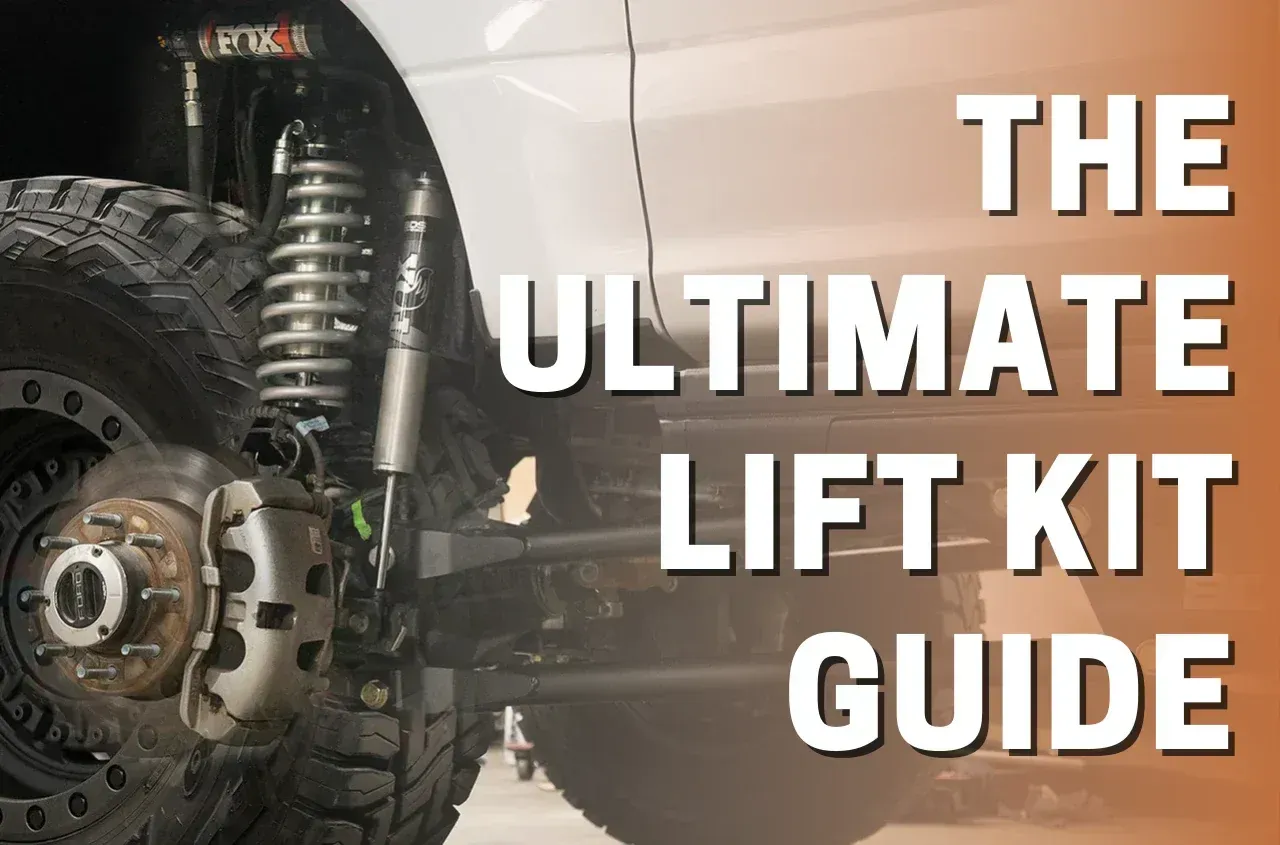 Off-road truck lift kit close-up with bold text: “THE ULTIMATE LIFT KIT GUIDE”