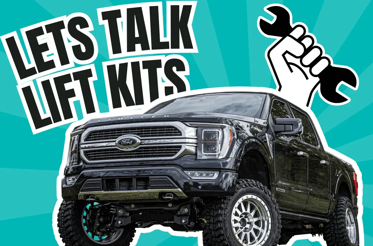 Black lifted pickup truck with “LET’S TALK LIFT KITS” text and wrench icon on teal background