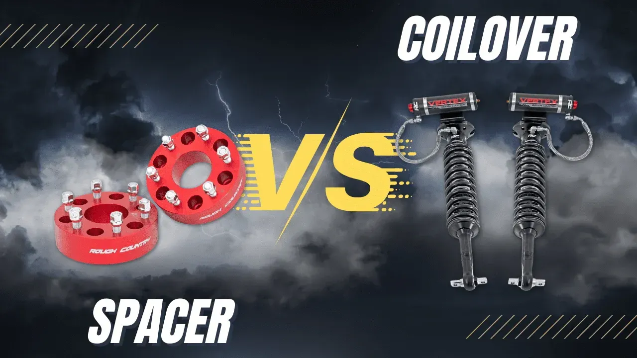 Coilover vs spacer comparison graphic with red spacer parts and black coilover shocks on dark background