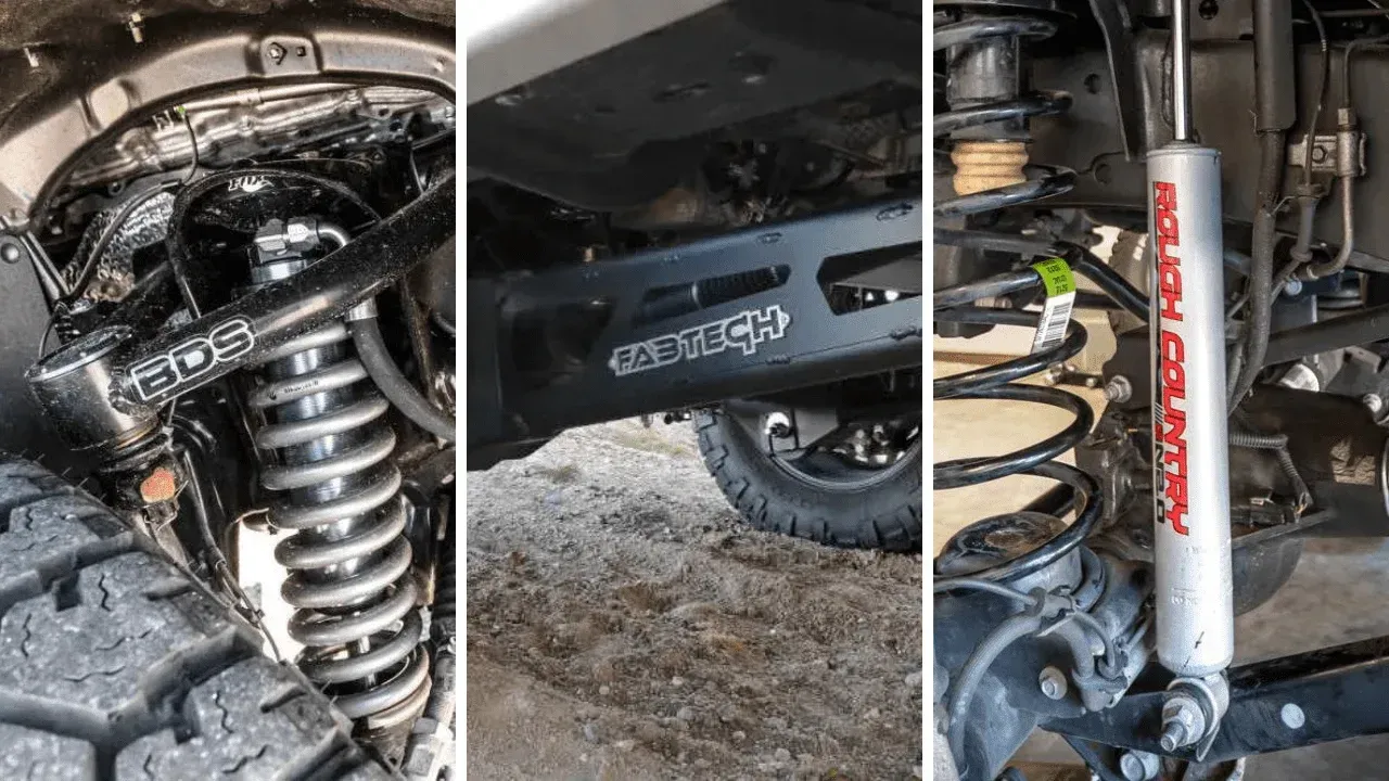 Three close-up photos of a vehicle’s suspension, tire, and shock absorber under the chassis