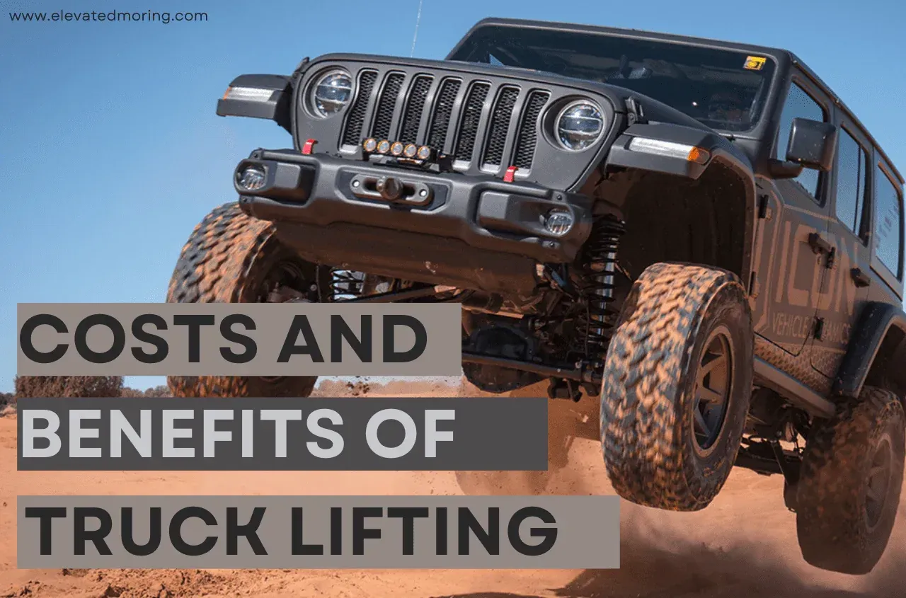 Black off-road truck on a dirt jump with text overlay: “Costs and Benefits of Truck Lifting”