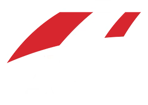 Red geometric logo with two tilted red shapes on a white background