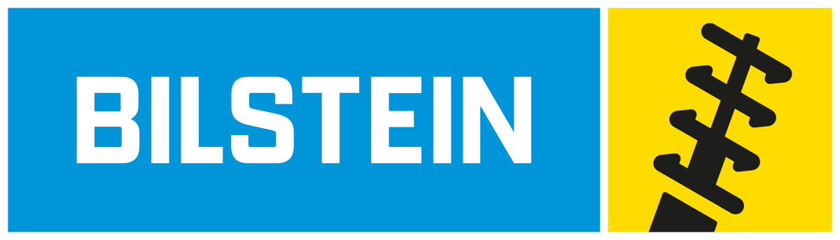 BILSTEIN logo in white on blue with a black suspension spring on yellow background