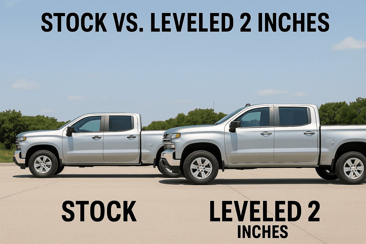 Two silver pickup trucks side by side, labeled stock and leveled 2 inches, on a road under blue sky.
