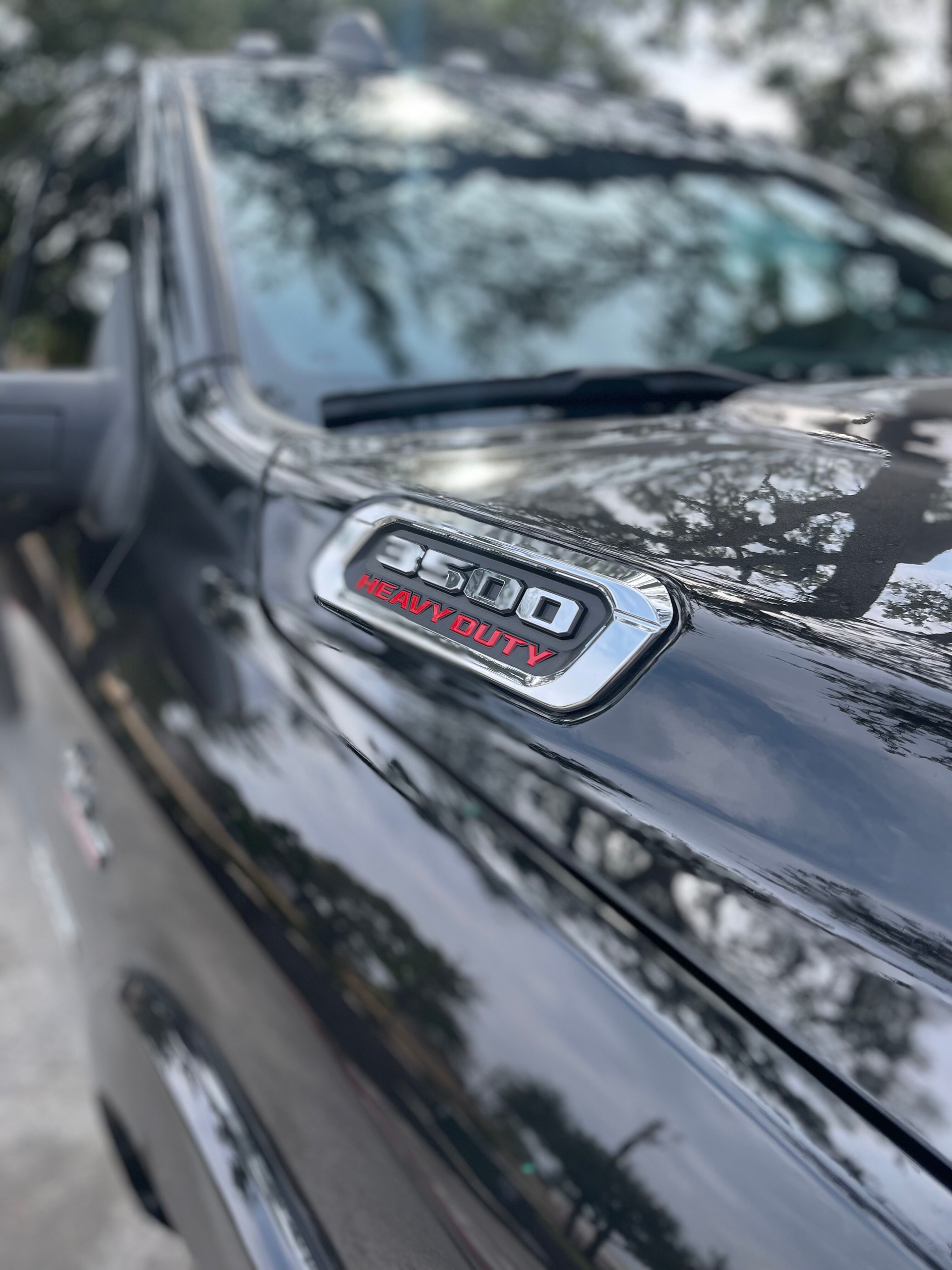 Close-up of a black pickup truck hood with an F-150 badge and trees reflected in the paint