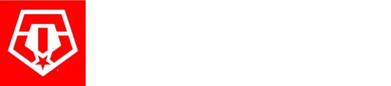 Red square logo with a white shield and stylized letters inside.