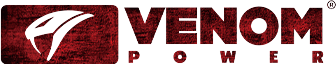 Venom Power logo with white stylized V on a red textured background and black text