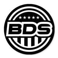 Black-and-white circular BDS logo with stars and bold lettering inside a striped badge
