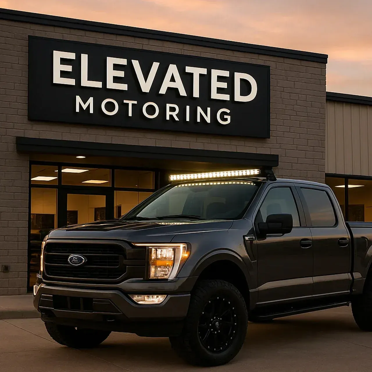 Gray pickup truck parked outside Elevated Motoring at dusk