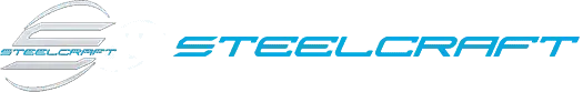 Steelcraft logo with blue text and a gray circular emblem on a white background
