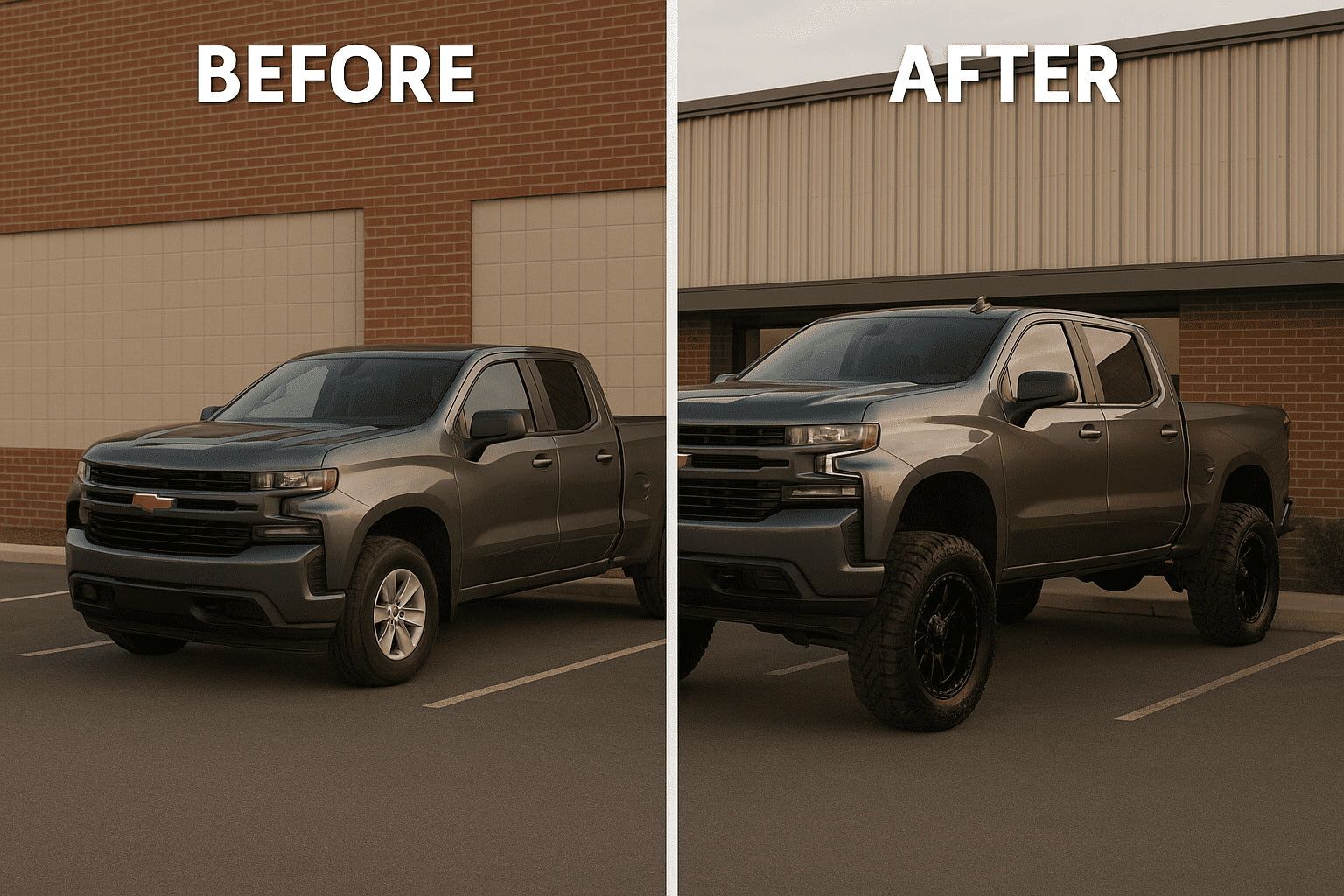 Before-and-after comparison of a dark pickup truck on asphalt beside a brick building.