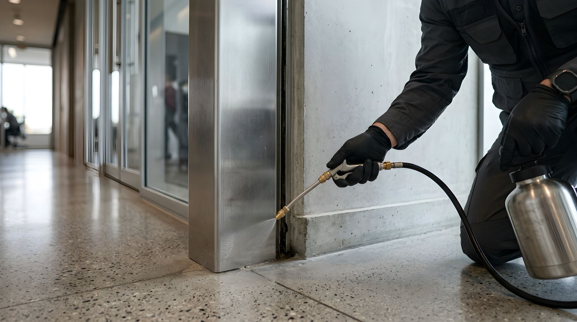 Commercial pest control technician treating a building entryway