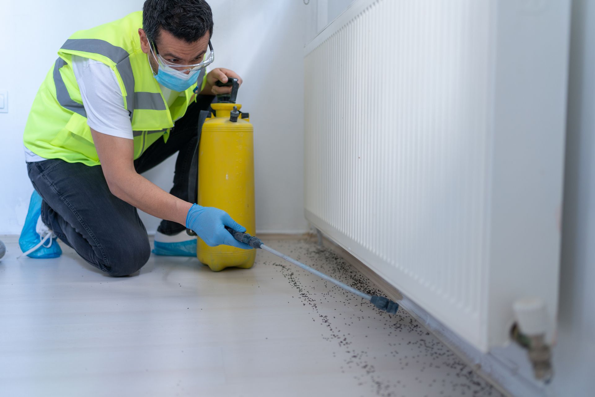 A man wearing a mask and gloves is spraying a room with a sprayer.