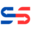 Setas abstratas entrelaçadas em vermelho e azul formando um logotipo estilizado em forma de S sobre um fundo branco.
