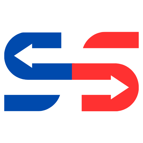 Setas abstratas entrelaçadas em vermelho e azul formando um logotipo estilizado em forma de S sobre um fundo branco.
