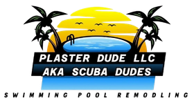 Logo: Palm trees, pool, sun, and text "Plaster Dude LLC AKA Scuba Dudes Swimming Pool Remodeling".