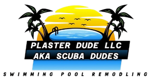 Logo: Palm trees, pool, sun, and text "Plaster Dude LLC AKA Scuba Dudes Swimming Pool Remodeling".