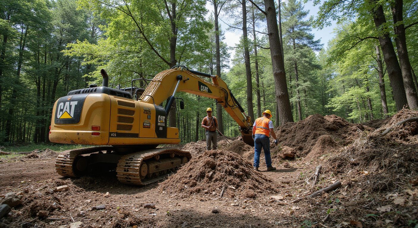 Yellow CAT excavator and two workers clearing a forest, sunshine, dirt mound.