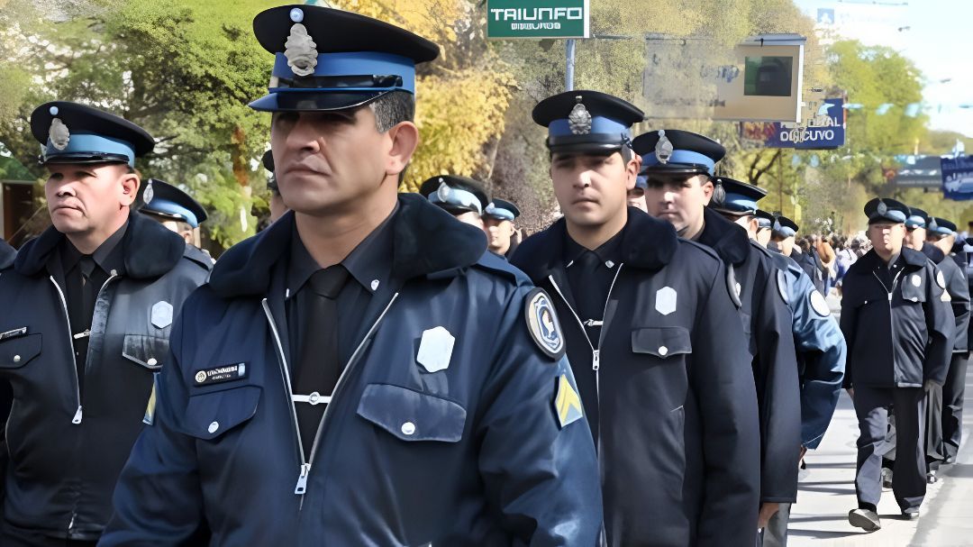 Agentes de policía con uniformes azul oscuro marchan en formación.