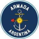 Emblema de la Armada Argentina: ancla con cara de sol, bandera roja y texto 