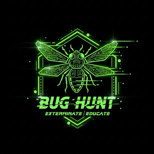 Neon green bug hunter logo with a stylized insect and the words “BUG HUNT: EXTERMINATE EDUCATE”
