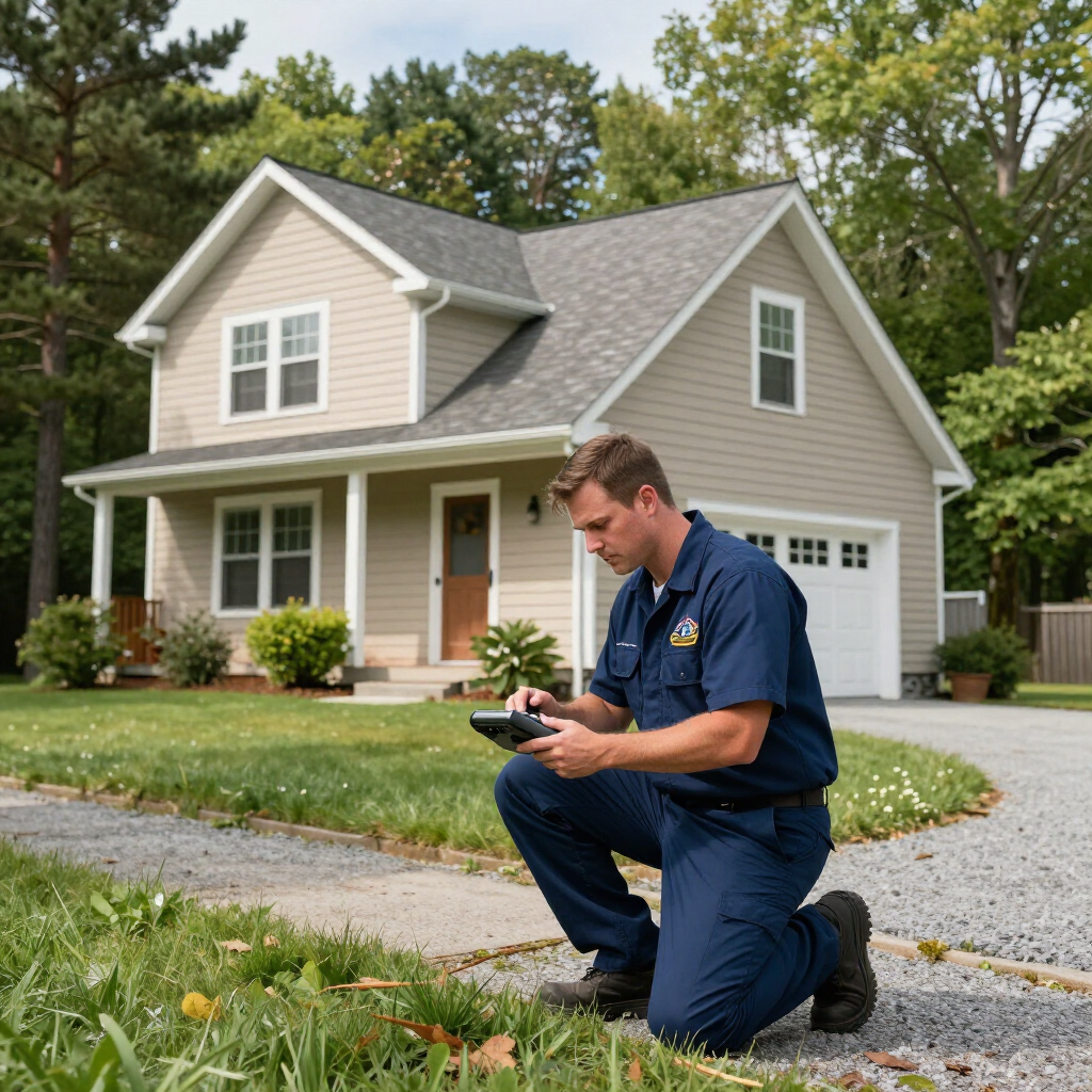 A technician in a blue uniform kneels on a gravel driveway, using a digital tablet in front of a residential house.