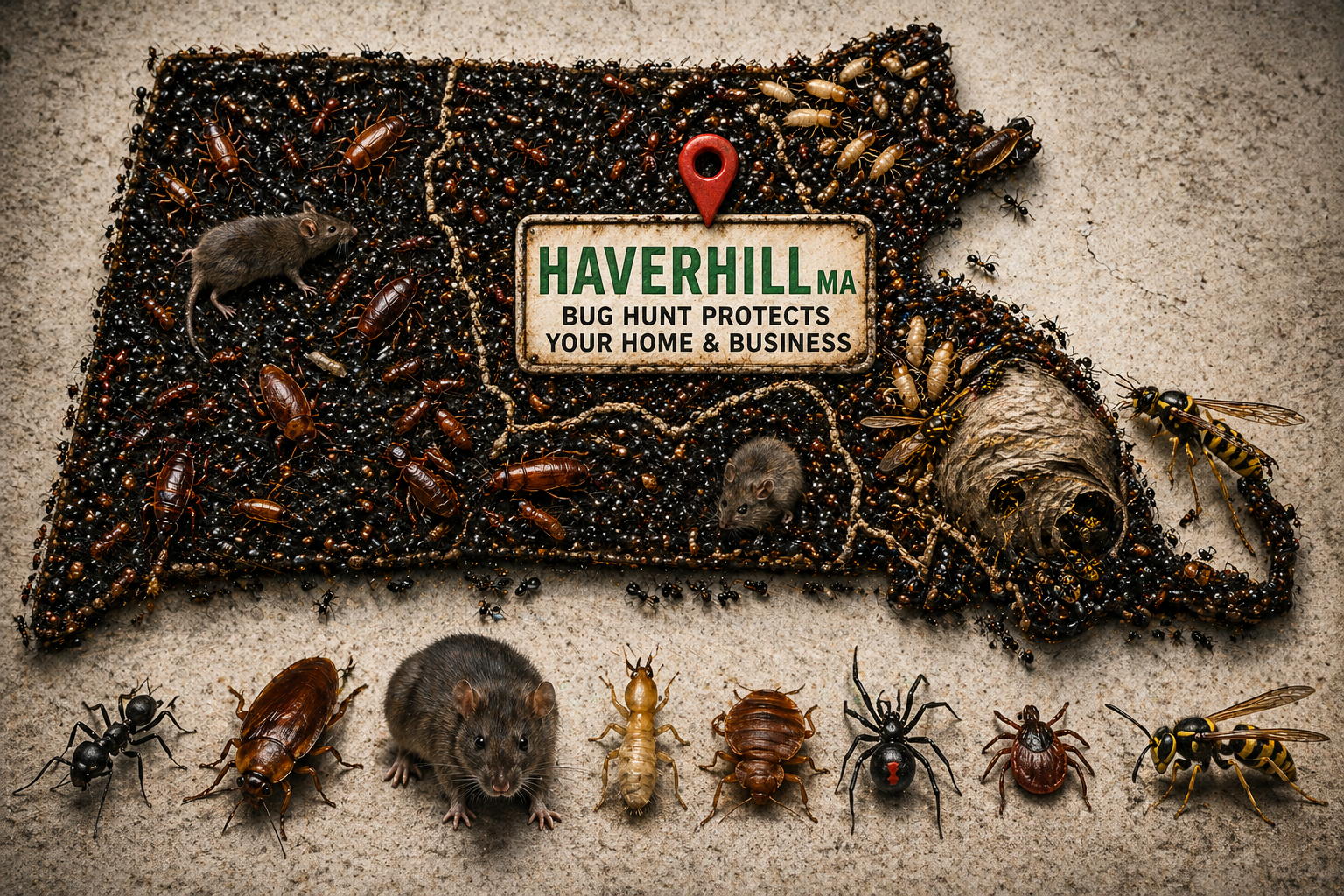 “Haverhill” dog and cat pest-control sign surrounded by many insects and small pests on a textured background